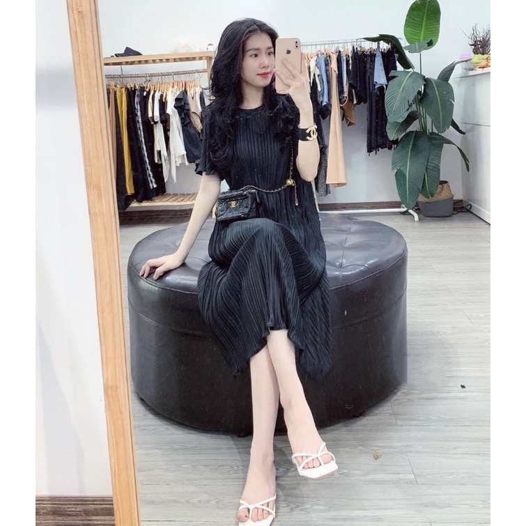 Đầm dập li nữ dáng suông chất voan lụa mềm co giãn 4 chiều bầu bì bon chen thoải mái ạ