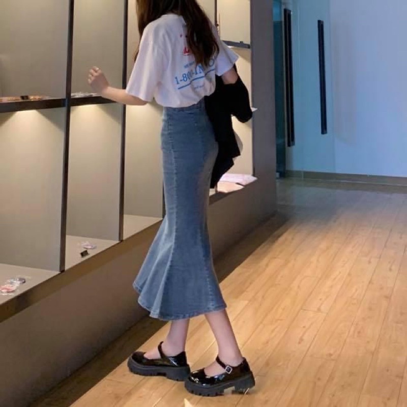 Chân váy midi dài jean denim đuôi cá nữ peplum ôm sát body xẻ tà lưng cao trơn - Order taobao quảng châu