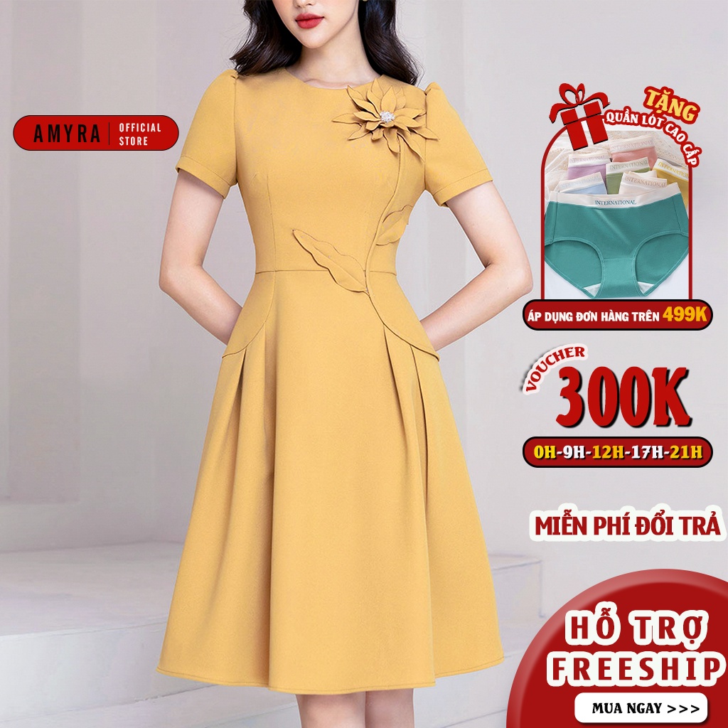 Đầm Xòe Công Sở Trung Niên Sang Trọng cho mẹ AMYRA,thiết kế đính hoa ngực dáng xòe xếp ly eo bigsize DA163