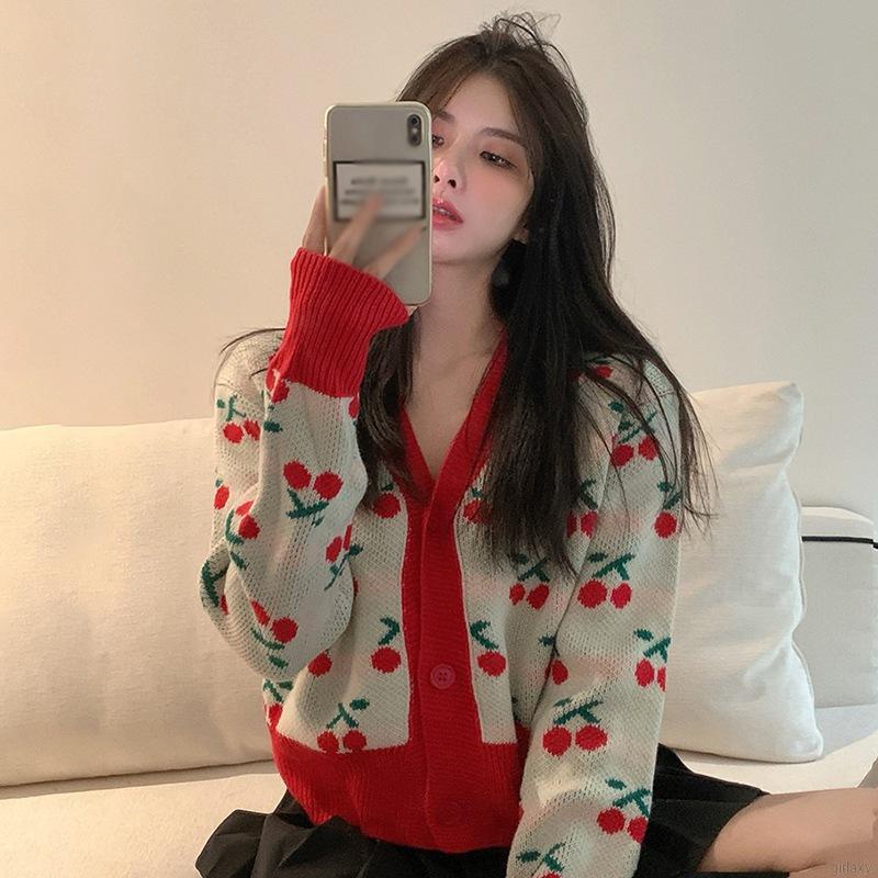 Áo len cổ chữ V tay dài in hình quả anh đào phong cách Hàn Quốc cổ điển cho nữ