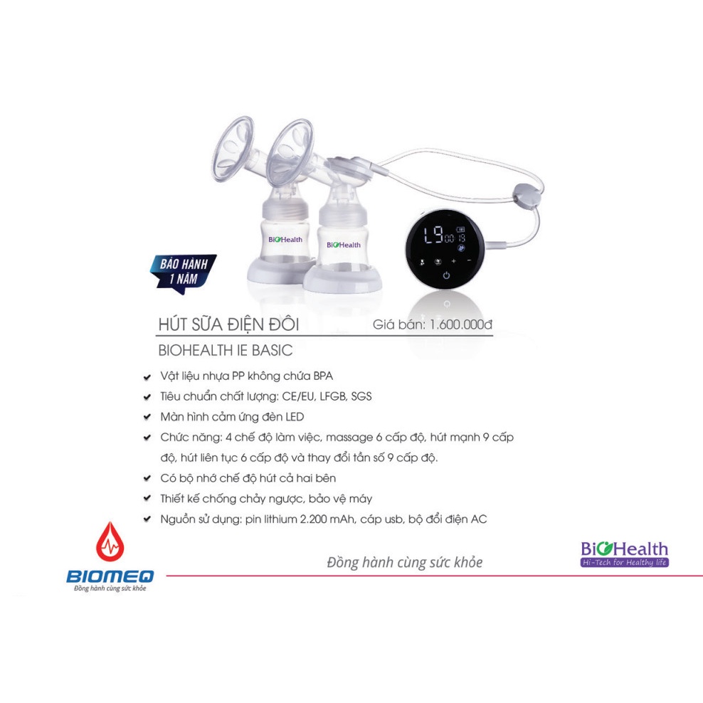Máy Hút Sữa Điện Đôi 2 Bình IE Basic - 4 Chế Độ Massage - Cảm ứng đèn LED - Chính hãng Biohealth