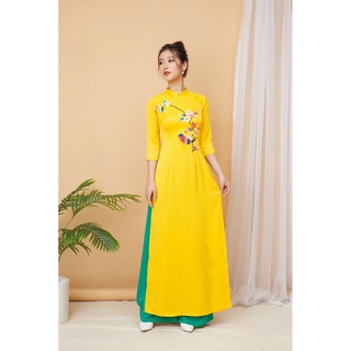 ÁO DÀI VÀNG LỤA TÂY THI THÊU HOA DÂY KÈM QUẦN, ÁO DÀI TRUYỀN THỐNG