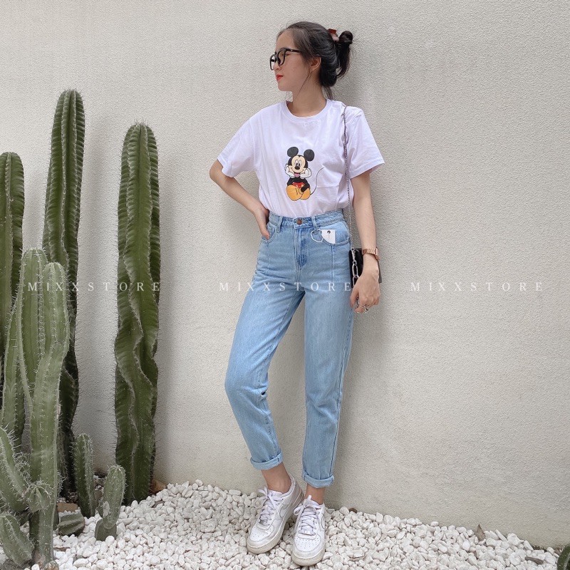 Quần Jean Nữ Baggy Lưng Cao Trơn Màu Xanh Jean Cơ Bản chất dày dặn phong cách sành điệu