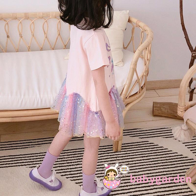 Đầm chữ A tay ngắn in họa tiết thỏ hoạt hình đính kim sa phối lưới dễ thương cho bé gái