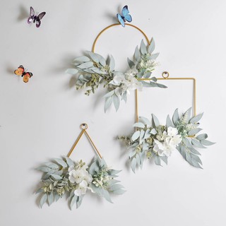 Vòng hoa giả gắn khung kim loại kiểu dáng hình học treo tường trang trí tiện dụng