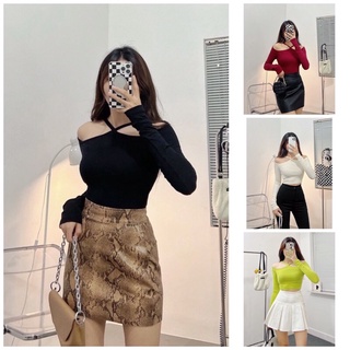 Áo kiểu trễ vai nữ croptop tay dài basic