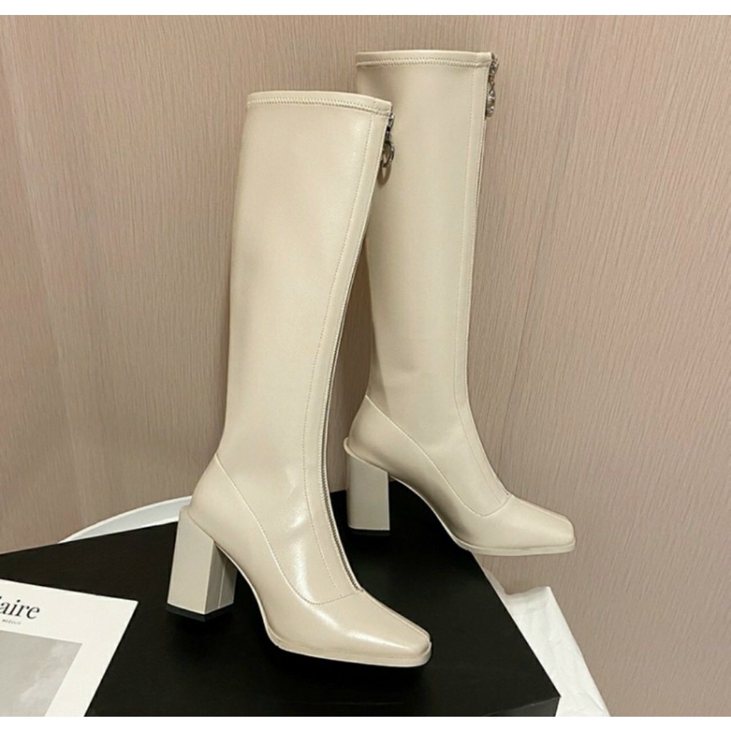 Video + Ảnh thật Boot đùi nữ khóa trước da lỳ mềm gót trụ cao 7p sang chảnh