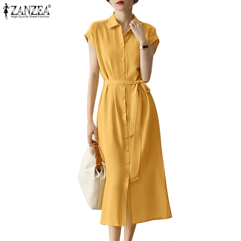 Đầm ZANZEA tay ngắn cổ bẻ xẻ tà thời trang dành cho nữ