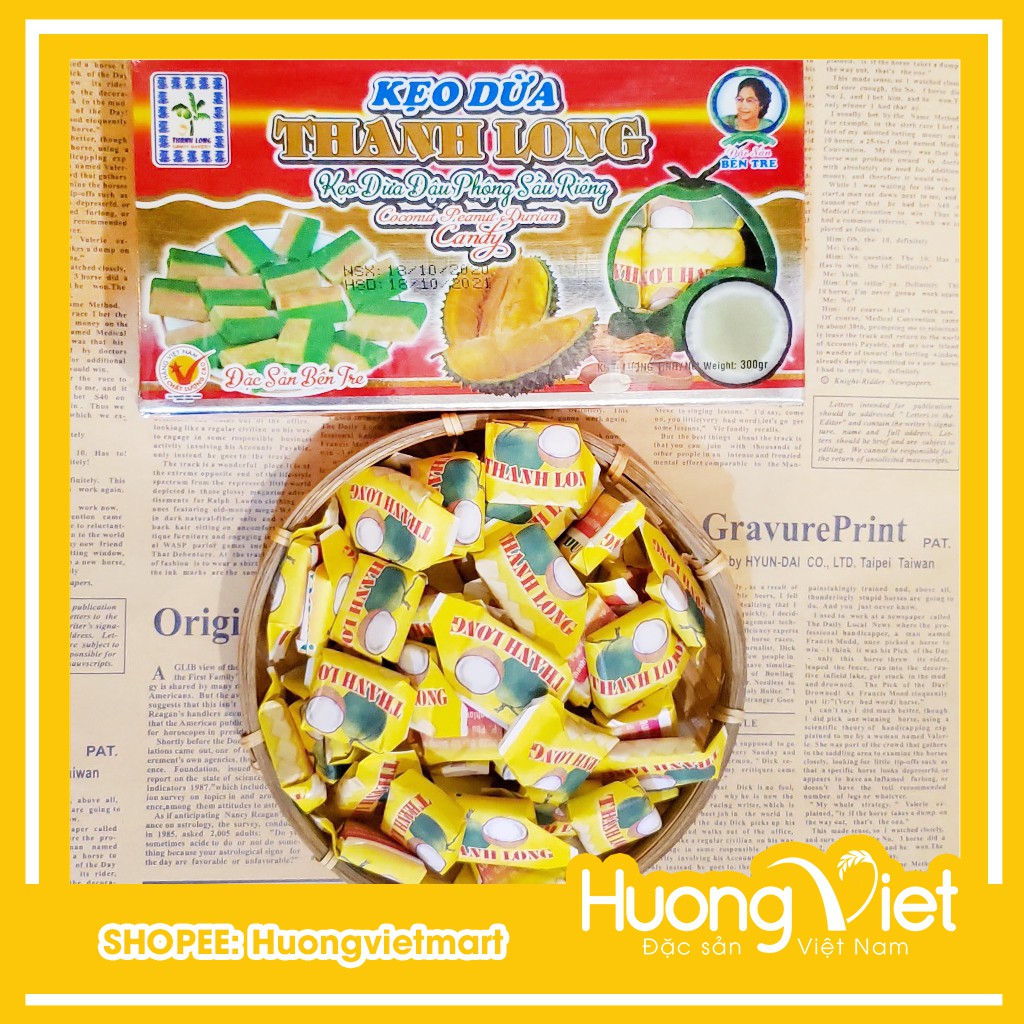 Kẹo dừa đậu phộng sầu riêng Thanh Long 300g, đặc sản kẹo dừa Bến Tre, kẹo dừa Thanh Long chính hãng