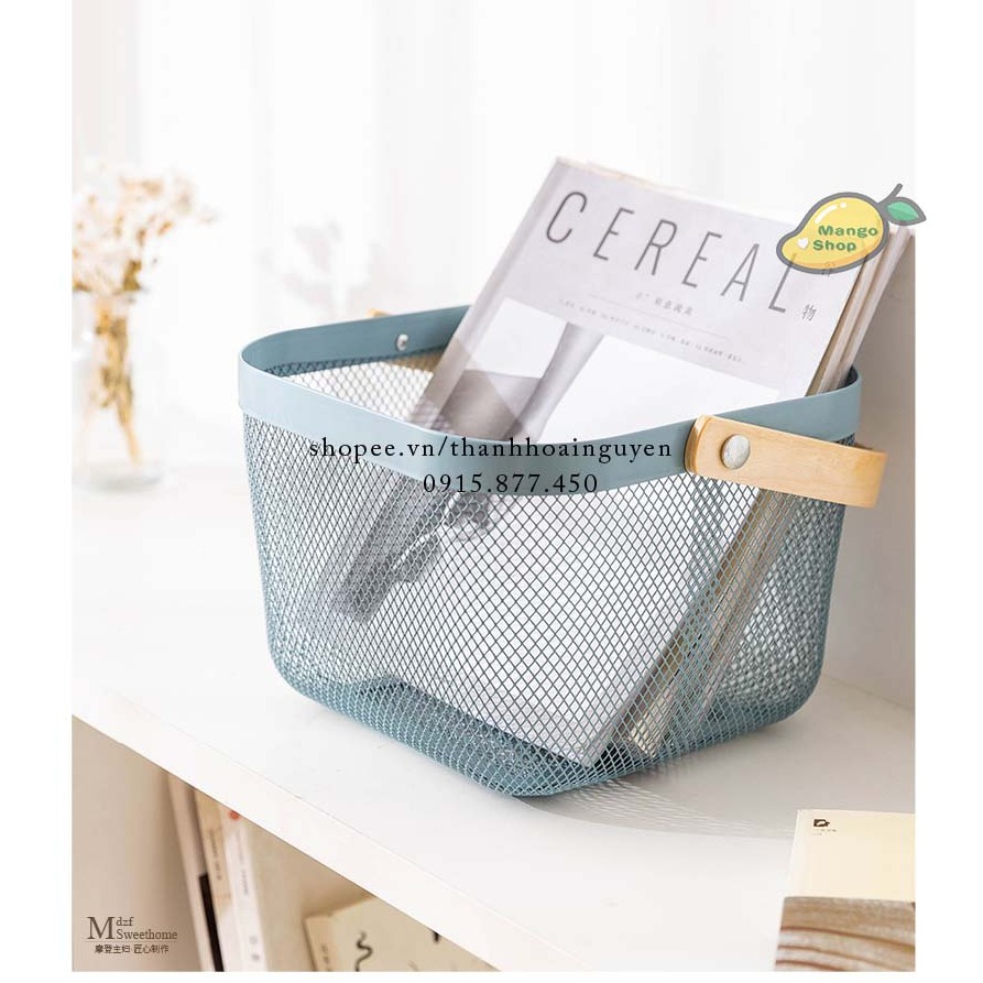 Giỏ đựng đồ sang trọng tay cầm gỗ phong cách Bắc Âu ( Rổ Sắt to đi picnic đựng hoa quả đồ ăn vặt vintage )