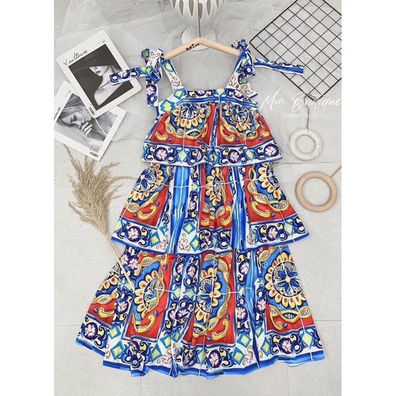 Đầm Tầng Tay Nơ Xanh Thổ Cẩm Nhập QC | BigBuy360 - bigbuy360.vn