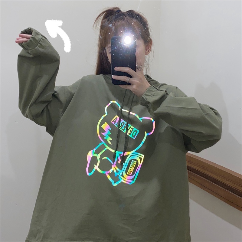 【ZHELIHANGFEI】Áo Hoodie Dài Tay Dáng Rộng In Hình Gấu Đáng Yêu