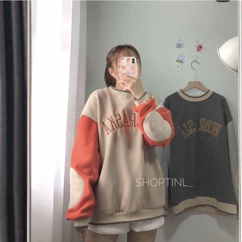 Áo Sweater Phối Tay NEBRASKA Hot Trends Hình Thêu Siêu Xịn, Tay Bồng Form Unisex, Chất Nỉ Cotton Dày Mịn (ảnh thật 100%) | BigBuy360 - bigbuy360.vn