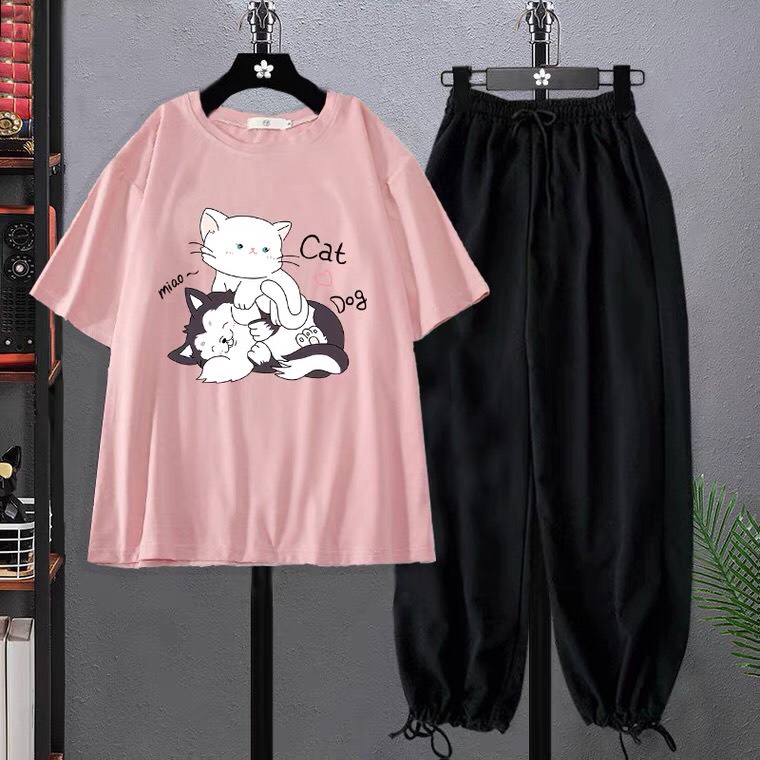 Sét Áo Cat, Dog + quần bom đen, Áo thun from rộng, Chất đẹp không xù, quần suông ống rộng, Sét bộ mặc ở nhà - MODY