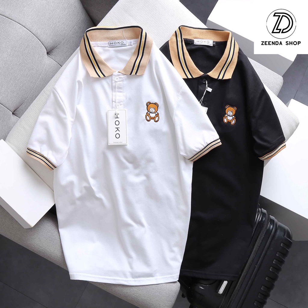 Áo Polo Đôi Nam Nữ Hoko Logo Gấu thêu nổi vải Thun Cotton co giãn cao cấp chuẩn form cổ bẻ tay ngắn Có Viền