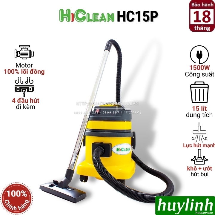 Máy hút bụi Khô và Ướt HiClean HC15P - 15 lít - Thùng nhựa
