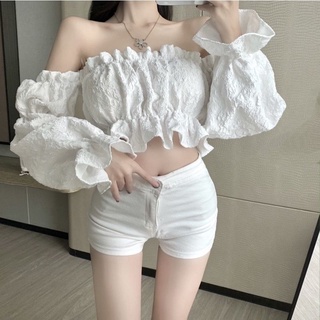 Áo kiểu bẹt vai vải xốp nhún bèo xinh xắn b5