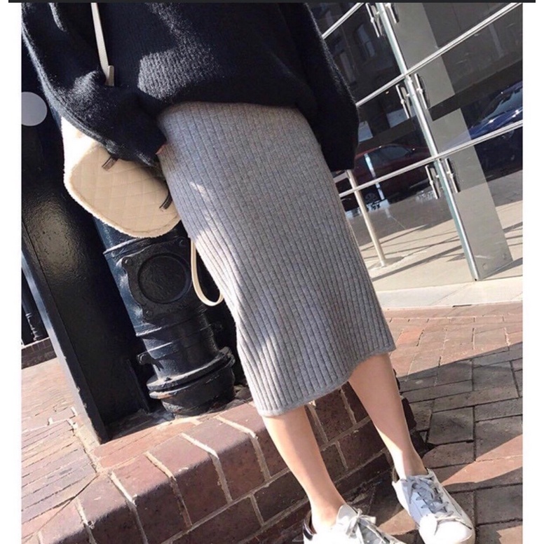Chân váy nữ len body xẻ màu ghi
