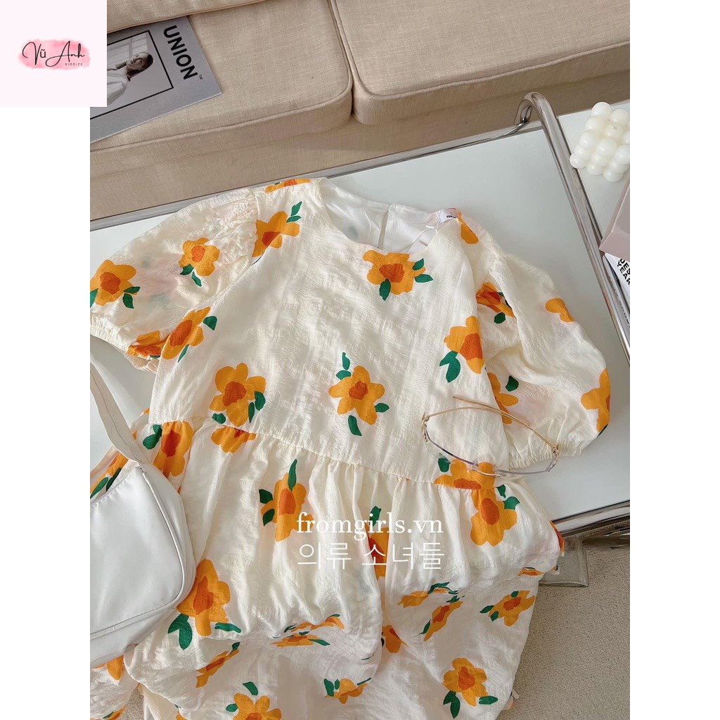 Váy babydoll , đầm bầu hoa vàng váy maxi hoa dáng rộng tay phồng siêu xinh