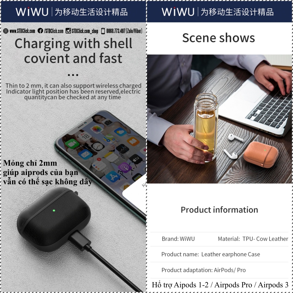 BAO DA AIRPODS 3 - AIRPODS PRO - AIRPODS 1 - 2 WiWU CALFSKIN CHÍNH HÃNG