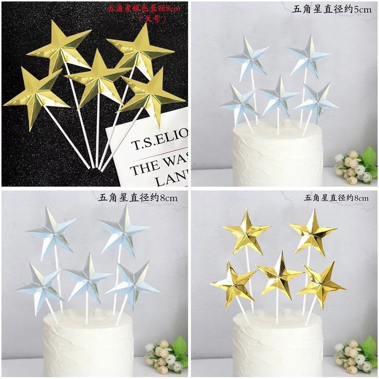 Phụ kiện trang trí bánh sinh nhật bánh kem - SET CẮM 5 NGÔI SAO BÓNG VÀNG, BẠC