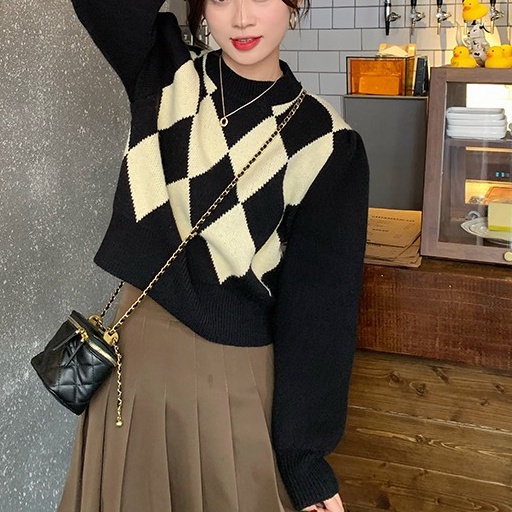 Áo Sweater Dệt Kim Dáng Rộng Màu Sắc Tương Phản Phong Cách Retro Dành Cho Nữ