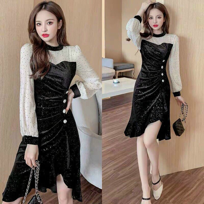 HÀNG NHẬP - ĐẦM NHUNG ĐEN TAY PHỐI VOAN BI