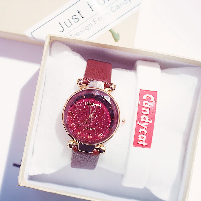 Đồng hồ nữ Candycat9 dây da cao cấp mặt tròn bầu trời đầy sao | BigBuy360 - bigbuy360.vn