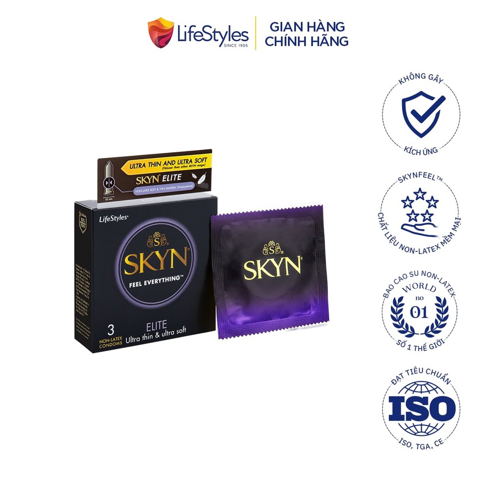 Bao cao su LifeStyles SKYN Elite Nonlatex siêu mỏng siêu mềm cao cấp 3 bao