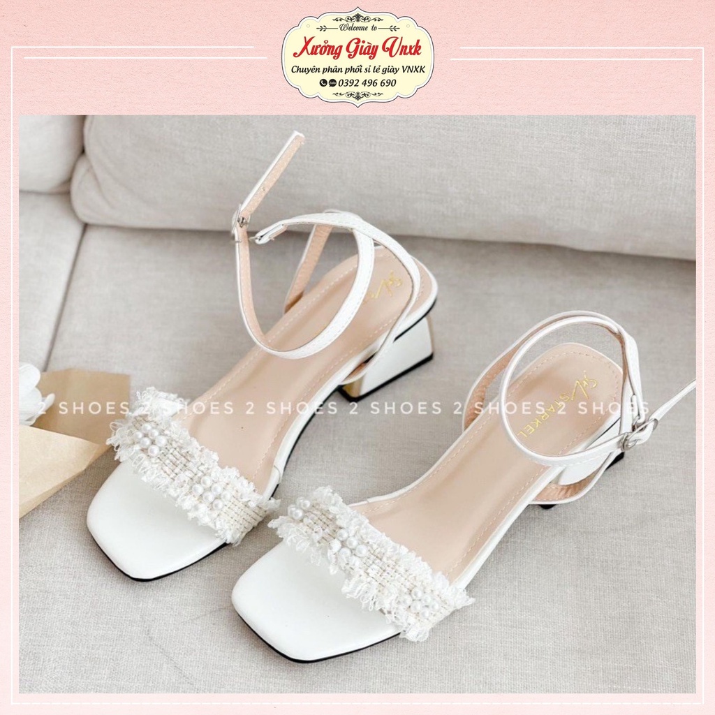 Sandal cao gót đế vuông 5 phân thổ cẩm Thiên Hương VNXK BP20A8 Giày cao gót nữ 5p cm đính ngọc tiểu thư