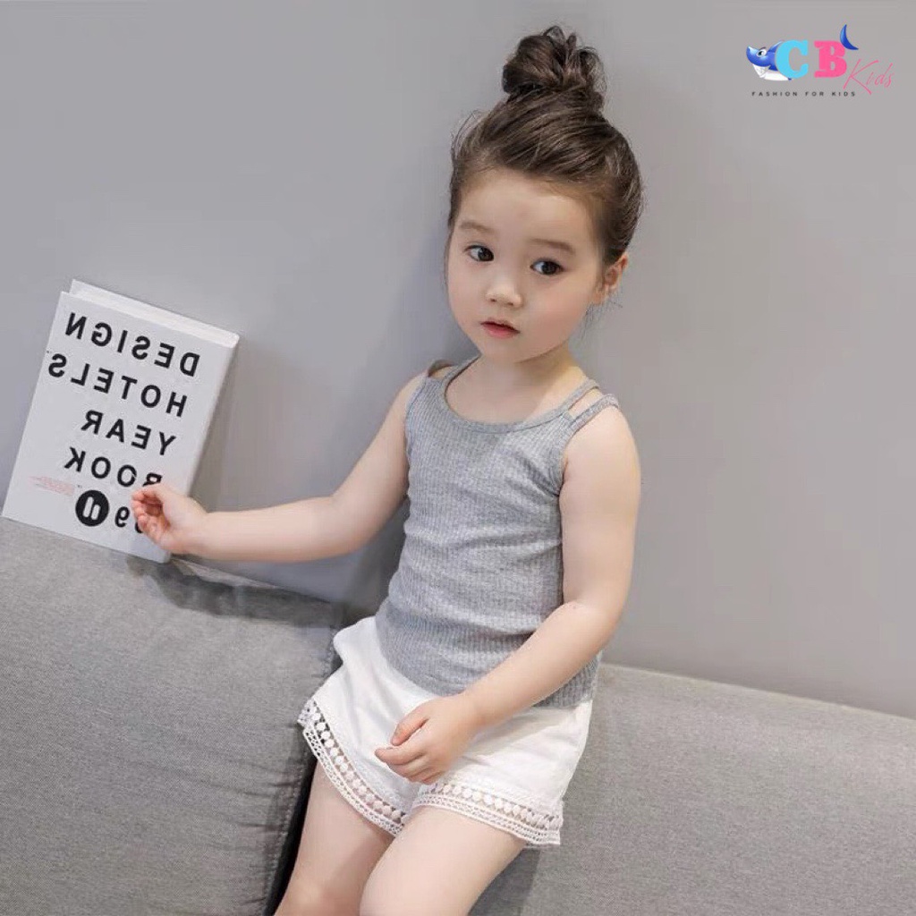 Bộ hè cho bé, set áo 2 dây chất tăm lạnh tàu mềm phối quần short đũi trắng xịn xò cho bé gái