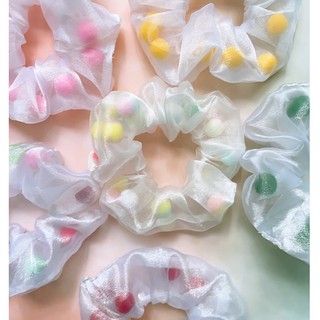 Scrunchies cột tóc vải pompom dễ thương TÍM STORE