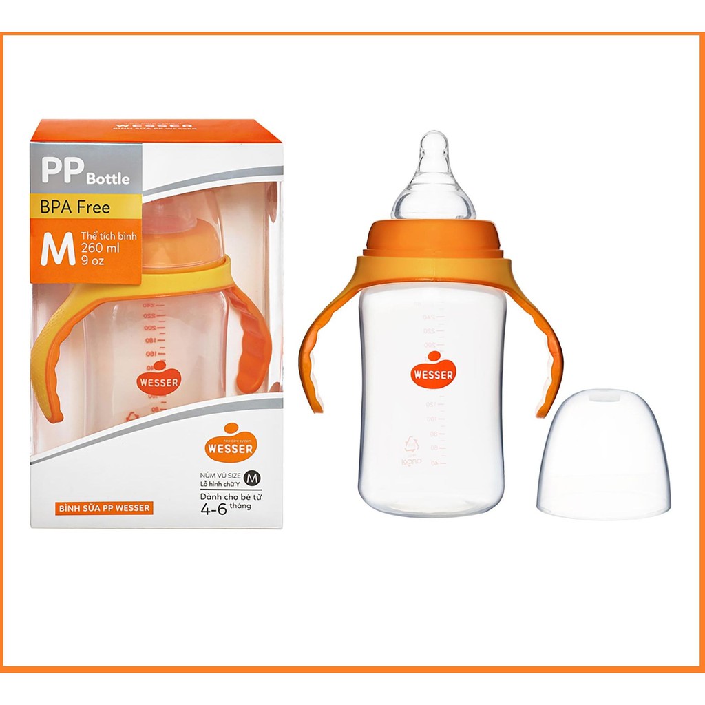 [MẪU MỚI] BÌNH SỮA WESSER CỔ RỘNG NHỰA PP BPA FREE TAY CẦM 260ML