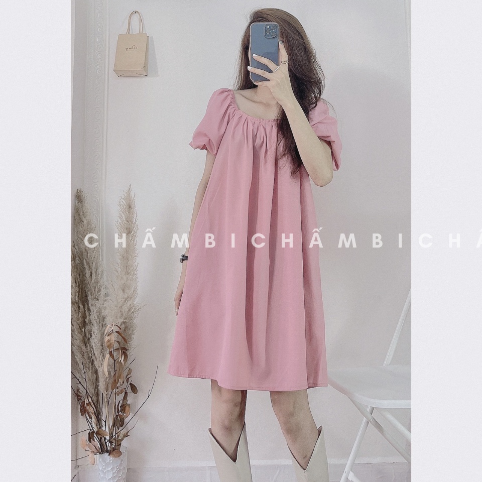 Váy kiểu Hàn Quốc V.083, Váy babydoll dáng ngắn cổ vuông tay bồng buộc nơ lưng hai màu đen hồng | BigBuy360 - bigbuy360.vn