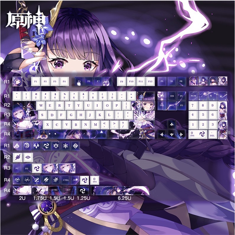 Bộ nút phím Raiden Shogun PBT loại dày 136 phím cơ genshin impact in dyesub 5mặt keycap anime layout keycaps hutao ayaka