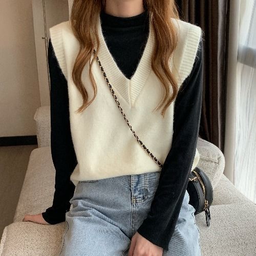 Áo sweater dáng ghi lê xẻ cổ chữ V màu trơn ôm dáng thời trang cho phái nữ