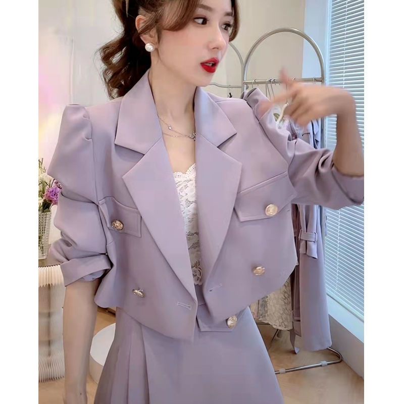 Set Áo Khoác Vest Chân Váy Xếp Ly Lệch Tím Pastel