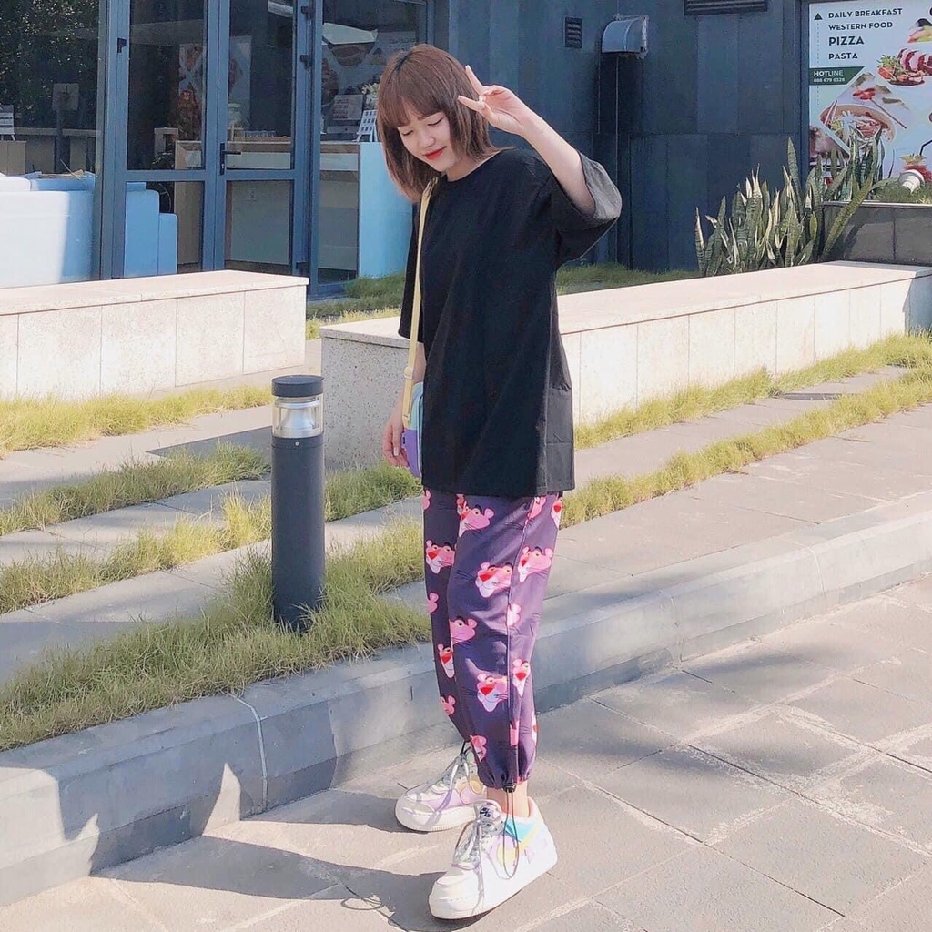 Quần thun dài ống rộng hoạ tiết hoạt hình cartoon dễ thương unisex nam nữ