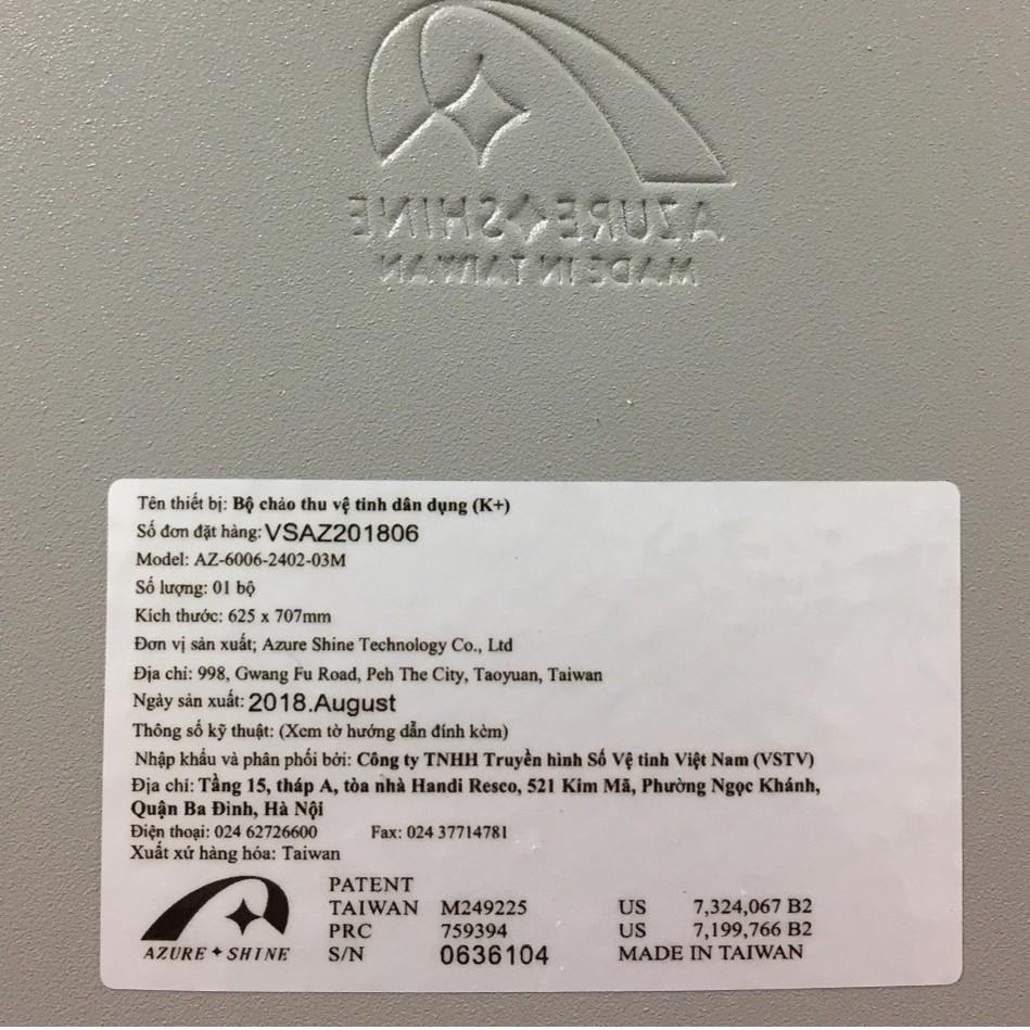 Chảo thu parabol Ku K+ đường kính 60 chính hãng Azure Shine Đài Loan