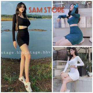 Đầm ôm body cổ xéo tay dài hở eo size m samstore