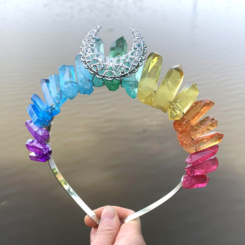 Băng Đô Cài Tóc Hình Vương Miện Bằng Kim Loại Pha Lê Raw Màu Cầu Vồng Nhiều Màu Tùy Chọn
