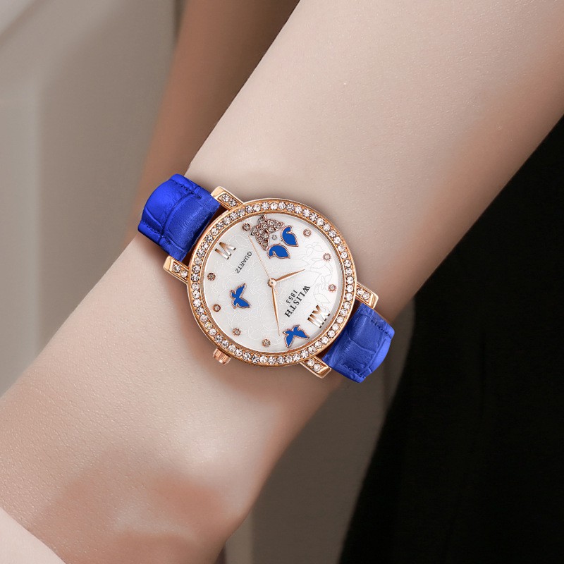 Đồng hồ nữ WLISTH W608 mặt đính đá sang trọng dây da 4 màu thời trang