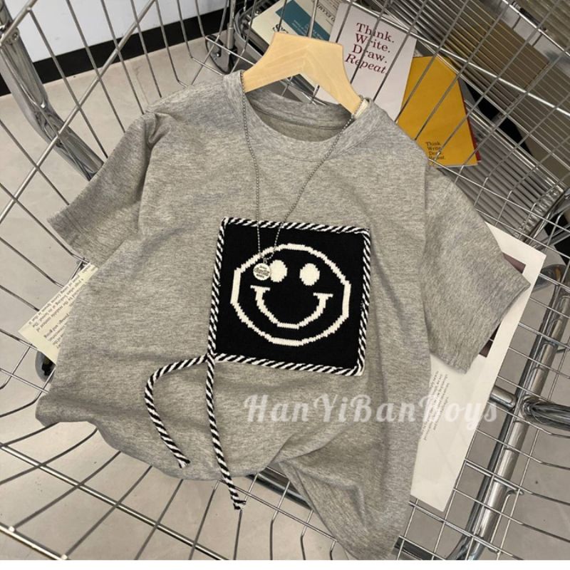 Set Áo Thun Ngắn Tay In Hình Mặt Cười + Quần Short Thời Trang Mùa Hè Cho Bé Trai