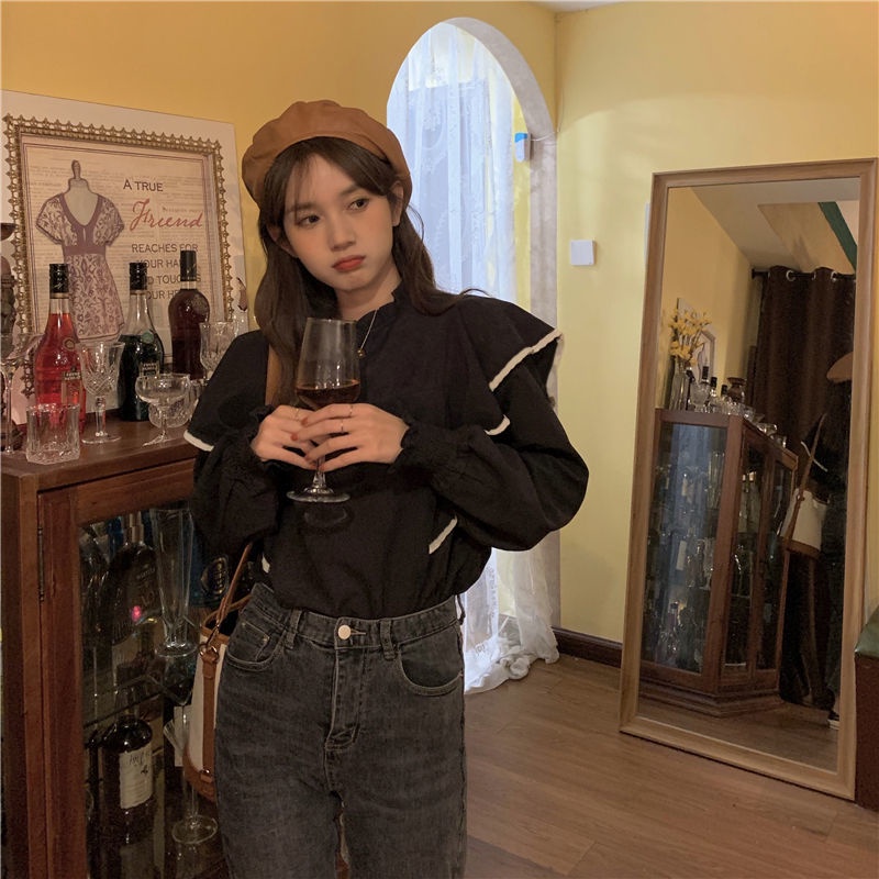 Áo kiểu tay dài cổ đứng phối bèo thời trang thu đông phong cách Pháp 2021 cho nữ