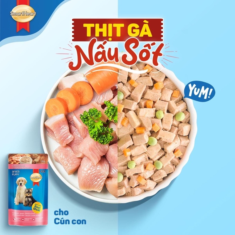 Pate cho chó Pate Smartheart sốt mềm thịt cục cho chó con và chó trưởng thành vị gà/bò/gà gan gói 130gr