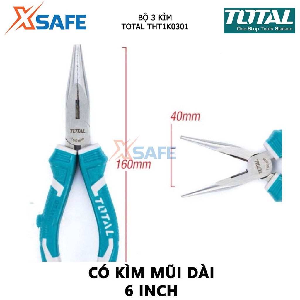 Bộ 3 kềm TOTAL THT1K0301 Bộ kềm cắt, kềm răng và kềm mỏ dài 3 chi tiết có lớp dầu bóng chống gỉ, đóng gói thẻ trượt