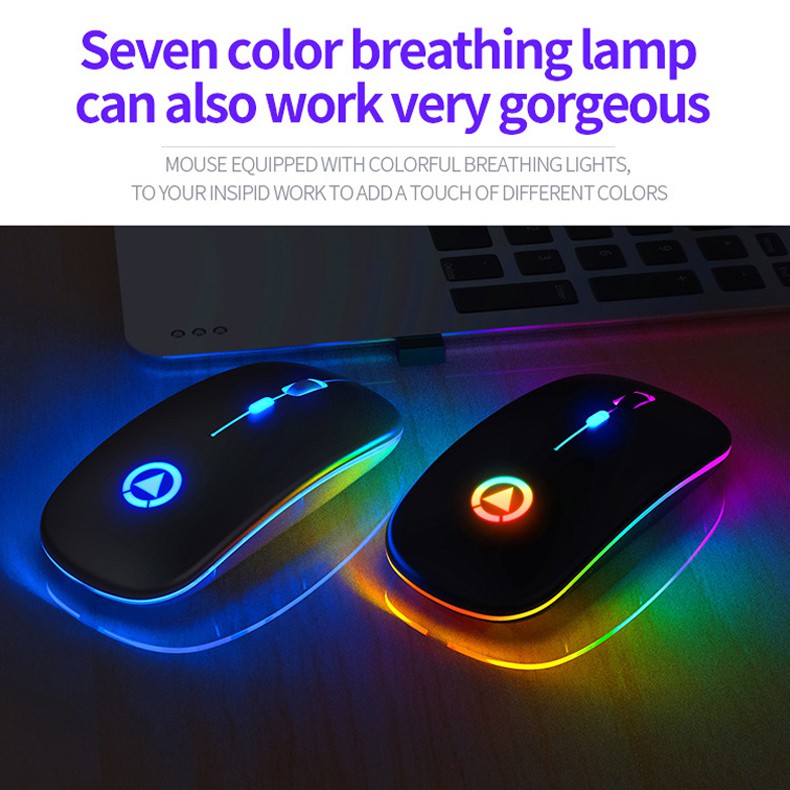 A2 Wireless Silent Mouse 2.4G Ultra Slim 1600DPI Optical Ergonomic RGB LED Backlit Rechargeable Gaming Mice