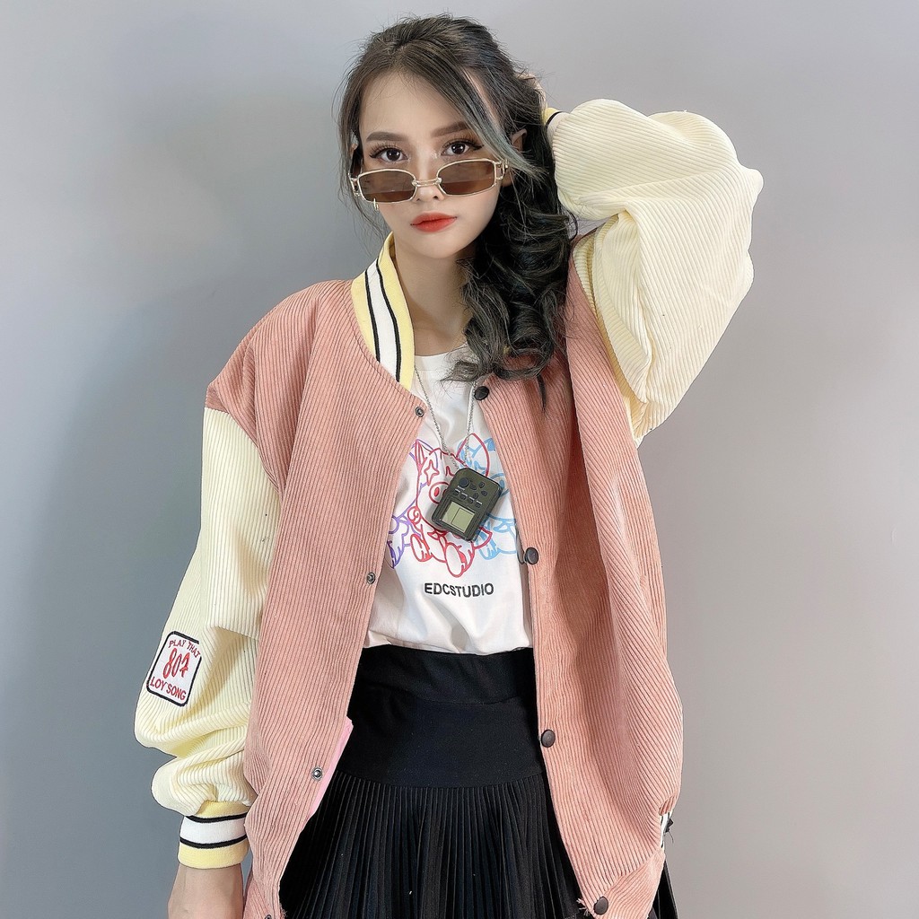 Áo khoác bomber kaki nhung tăm PUCBY Varsity jacket unisex nam nữ form rộng GAZU-075