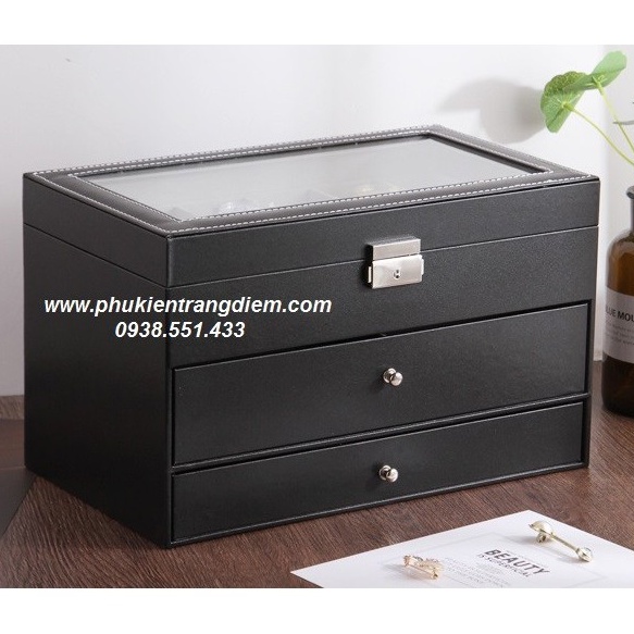 Hộp Đồng Hồ - Trang Sức - Mắt Kính 3 Tầng - Sang Trọng Cao Cấp - Có Nắp Kính Chống Bụi [BH 12 Tháng]