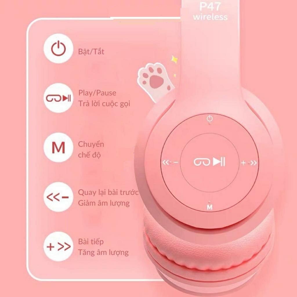 Tai nghe chụp tai bluetooth có mic headphone không dây cute dễ thương tai mèo nghe nhạc Led 7 màu, học online P47